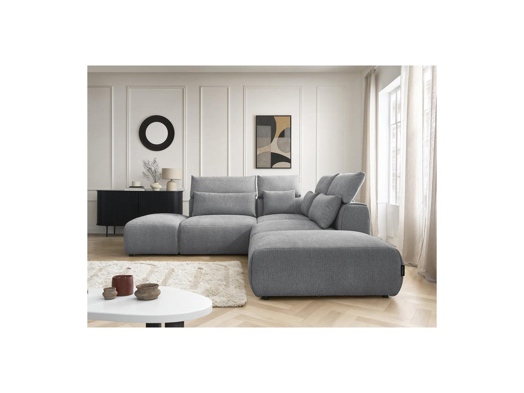 Jana - Modular Fixed Corner Sofa with Headrests - Textured Fabric with 2 Chaise Lounges, 1 Corner and 2 Pouffes - Reversible