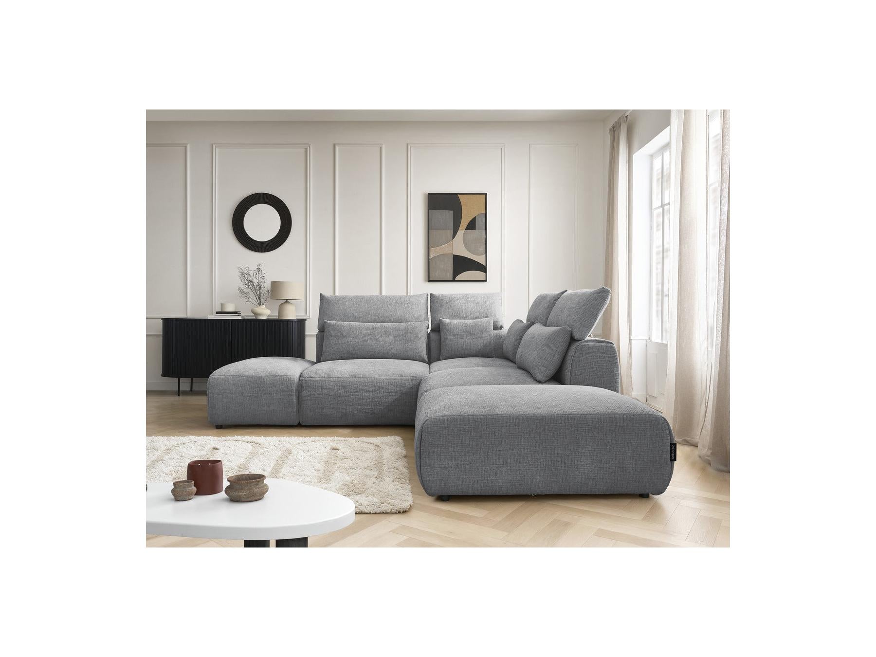 Jana - Modular Fixed Corner Sofa with Headrests - Textured Fabric with 2 Chaise Lounges, 1 Corner and 2 Pouffes - Reversible