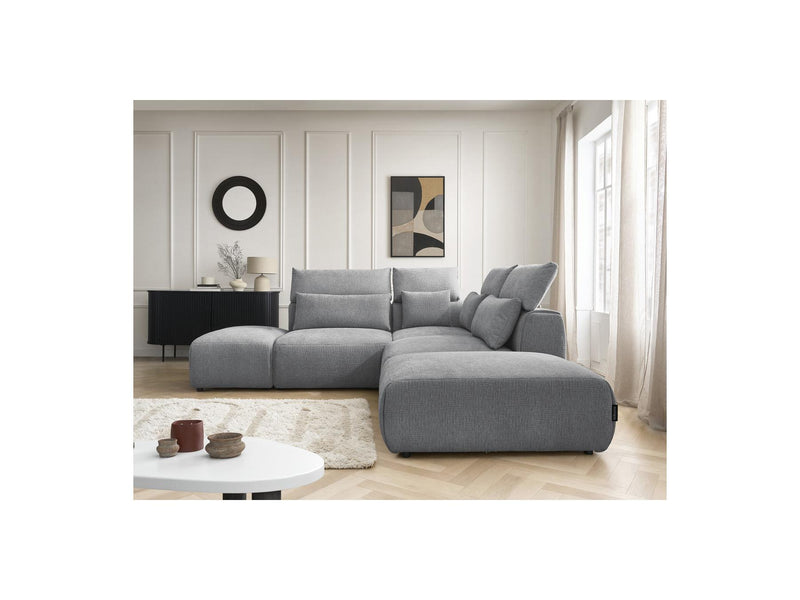 Jana - Sofá esquinero modular fijo con reposacabezas - Tela texturizada con 2 sillones bajos, 1 esquinero y 2 pufs - Reversible