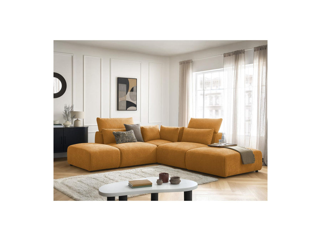 Jana - Modular Fixed Corner Sofa with Headrests - Textured Fabric with 2 Chaise Lounges, 1 Corner and 2 Pouffes - Reversible
