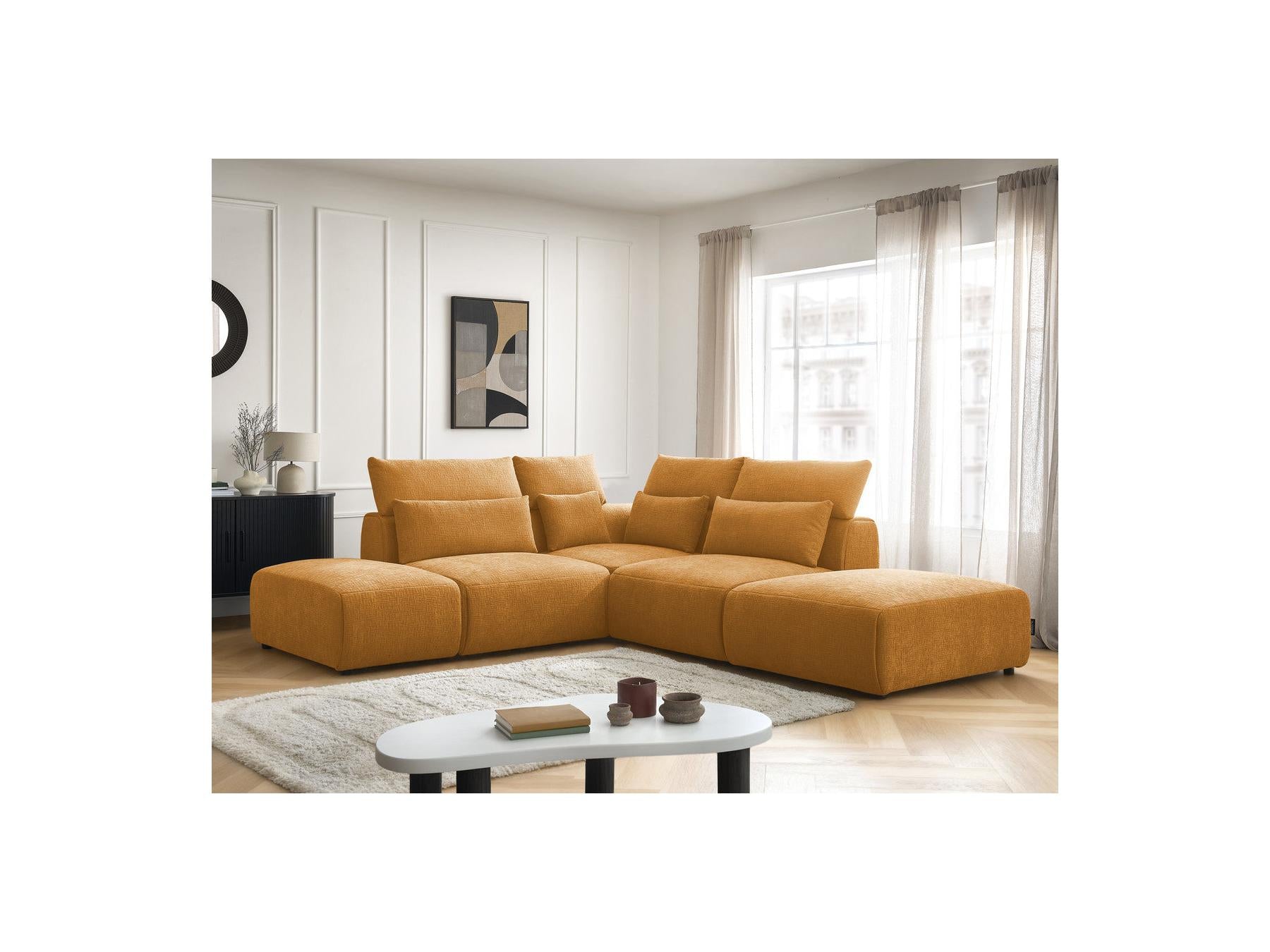 Jana - Modular Fixed Corner Sofa with Headrests - Textured Fabric with 2 Chaise Lounges, 1 Corner and 2 Pouffes - Reversible