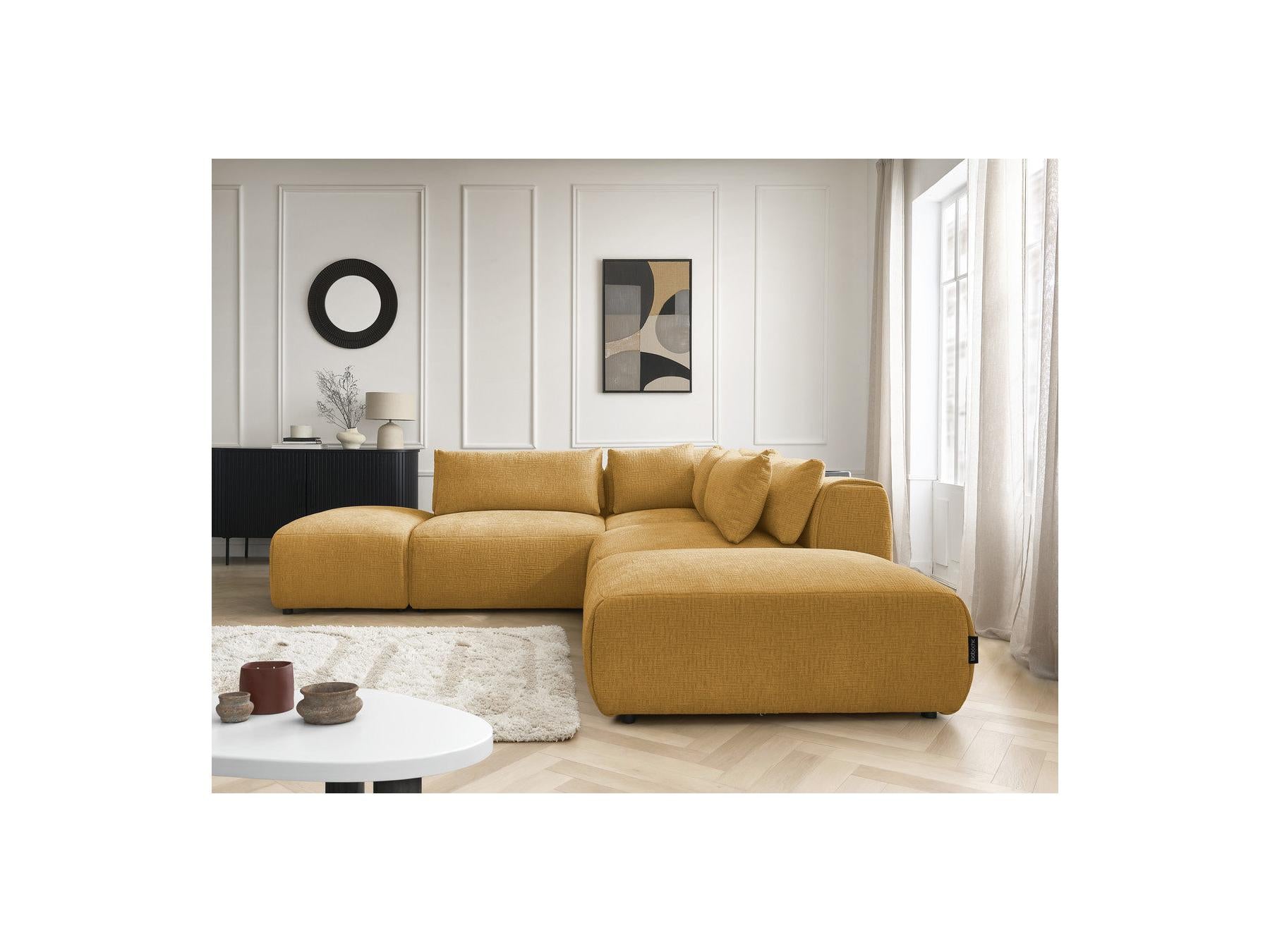 Jana - Modular Fixed Corner Sofa with Headrests - Textured Fabric with 2 Chaise Lounges, 1 Corner and 2 Pouffes - Reversible