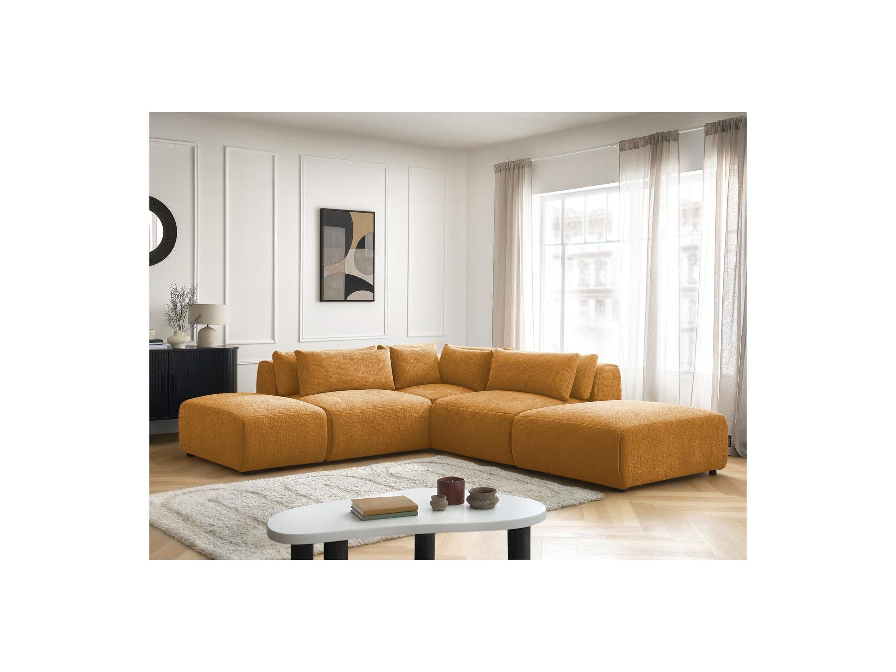 Jana - Modular Fixed Corner Sofa with Headrests - Textured Fabric with 2 Chaise Lounges, 1 Corner and 2 Pouffes - Reversible
