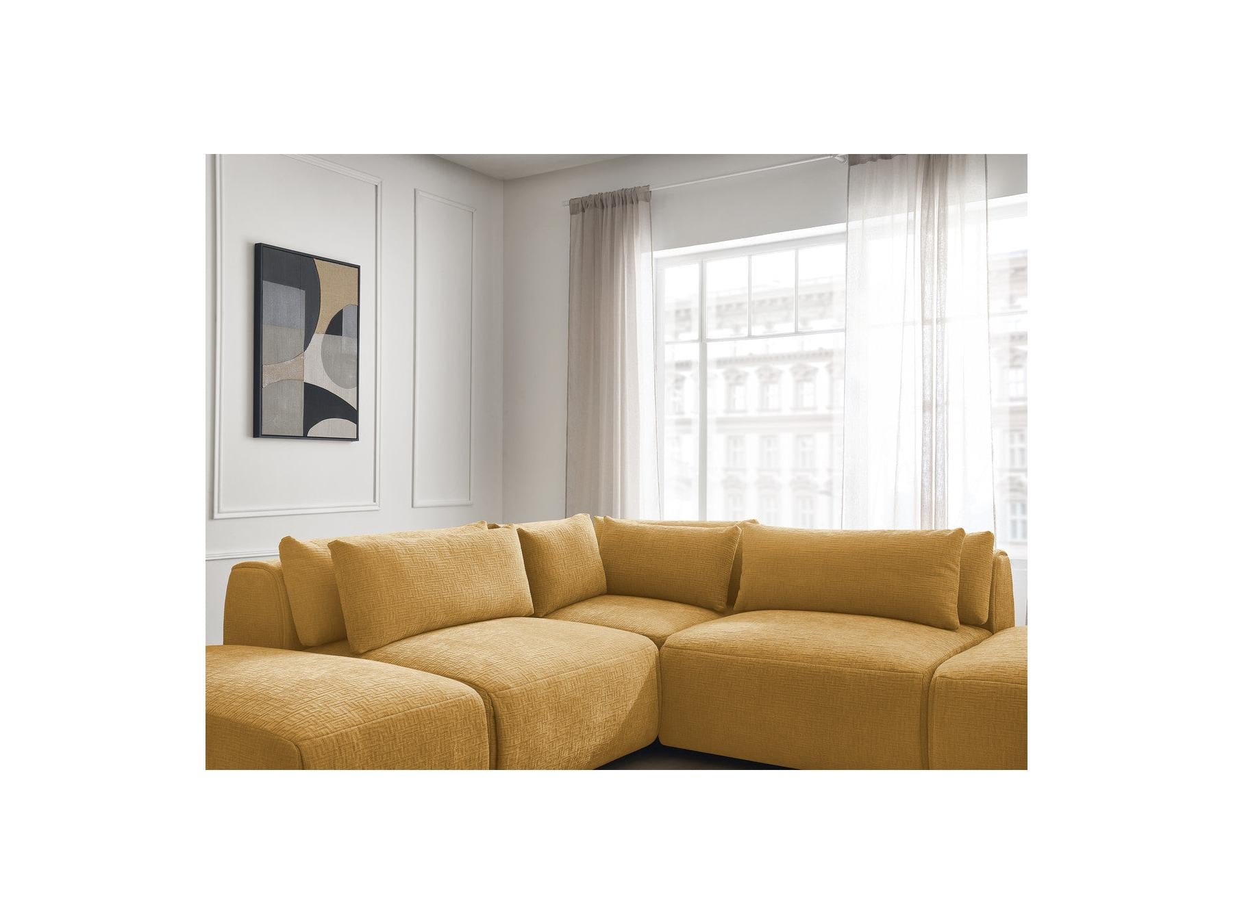 Jana - Modular Fixed Corner Sofa with Headrests - Textured Fabric with 2 Chaise Lounges, 1 Corner and 2 Pouffes - Reversible