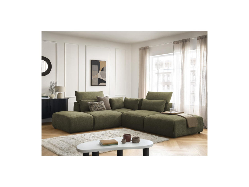 Jana - Modular Fixed Corner Sofa with Headrests - Textured Fabric with 2 Chaise Lounges, 1 Corner and 2 Pouffes - Reversible