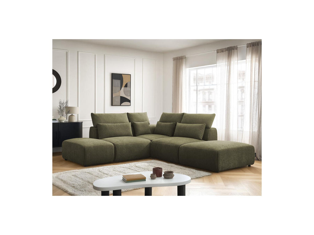 Jana - Modular Fixed Corner Sofa with Headrests - Textured Fabric with 2 Chaise Lounges, 1 Corner and 2 Pouffes - Reversible