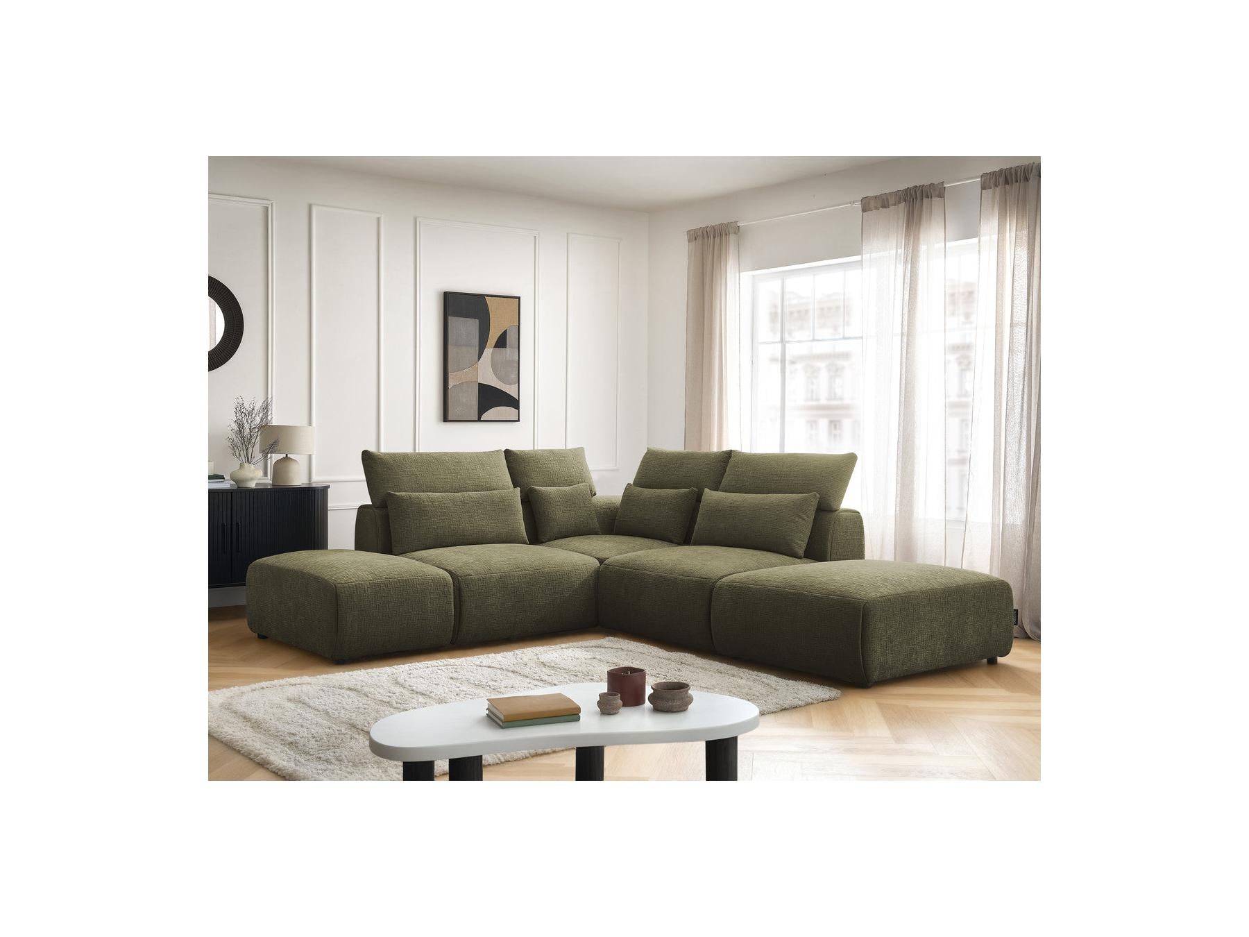 Jana - Modular Fixed Corner Sofa with Headrests - Textured Fabric with 2 Chaise Lounges, 1 Corner and 2 Pouffes - Reversible