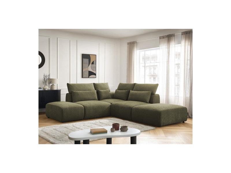 Jana - Sofá esquinero modular fijo con reposacabezas - Tela texturizada con 2 sillones bajos, 1 esquinero y 2 pufs - Reversible