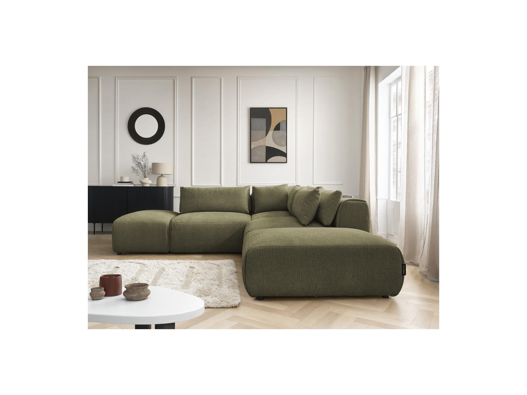Jana - Modular Fixed Corner Sofa with Headrests - Textured Fabric with 2 Chaise Lounges, 1 Corner and 2 Pouffes - Reversible