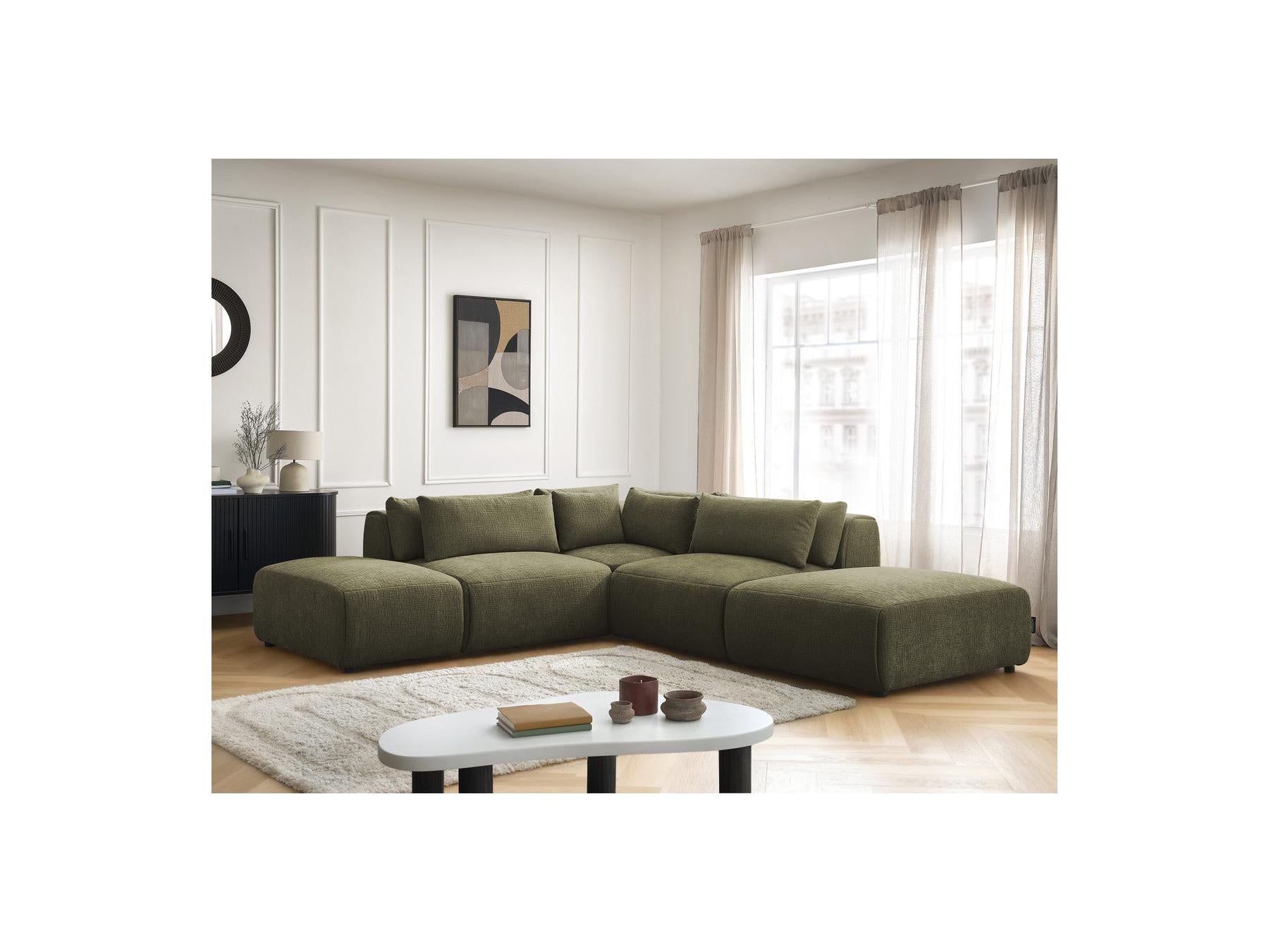 Jana - Modular Fixed Corner Sofa with Headrests - Textured Fabric with 2 Chaise Lounges, 1 Corner and 2 Pouffes - Reversible