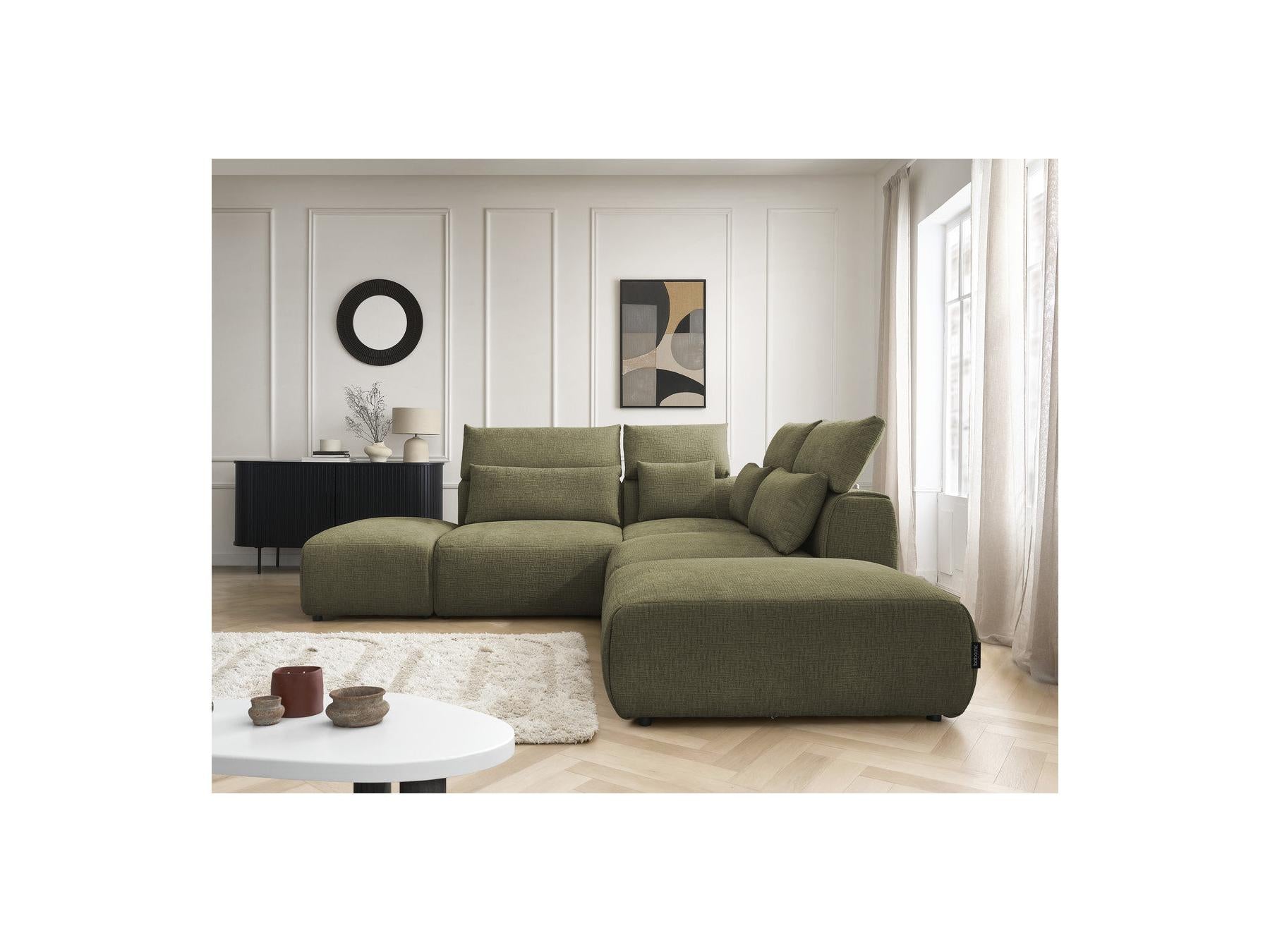 Jana - Modular Fixed Corner Sofa with Headrests - Textured Fabric with 2 Chaise Lounges, 1 Corner and 2 Pouffes - Reversible