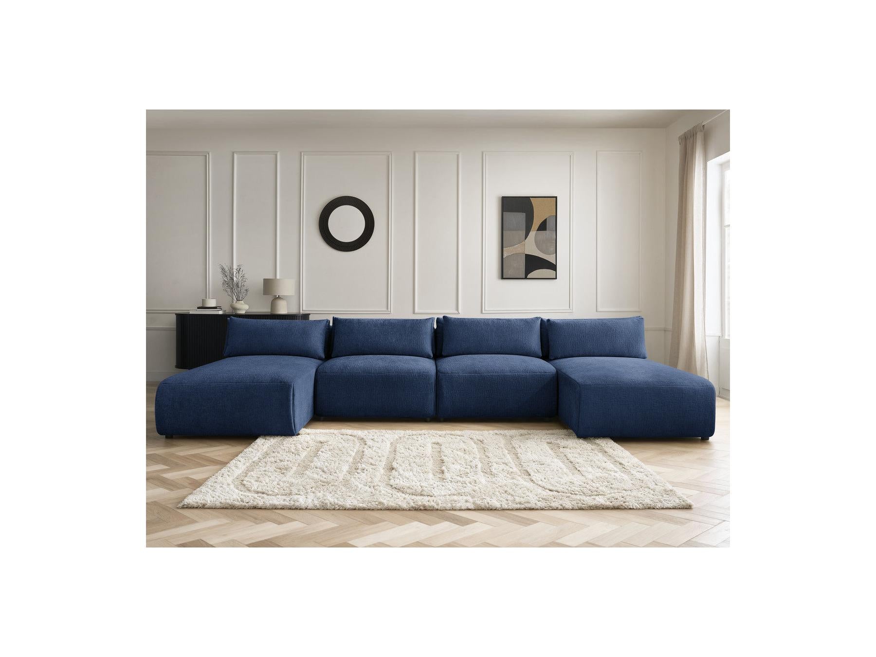 Jana - Fixed Modular Panoramic Sofa with Headrests - Textured Fabric with 2 Chaise Longues and 2 Armless Chairs