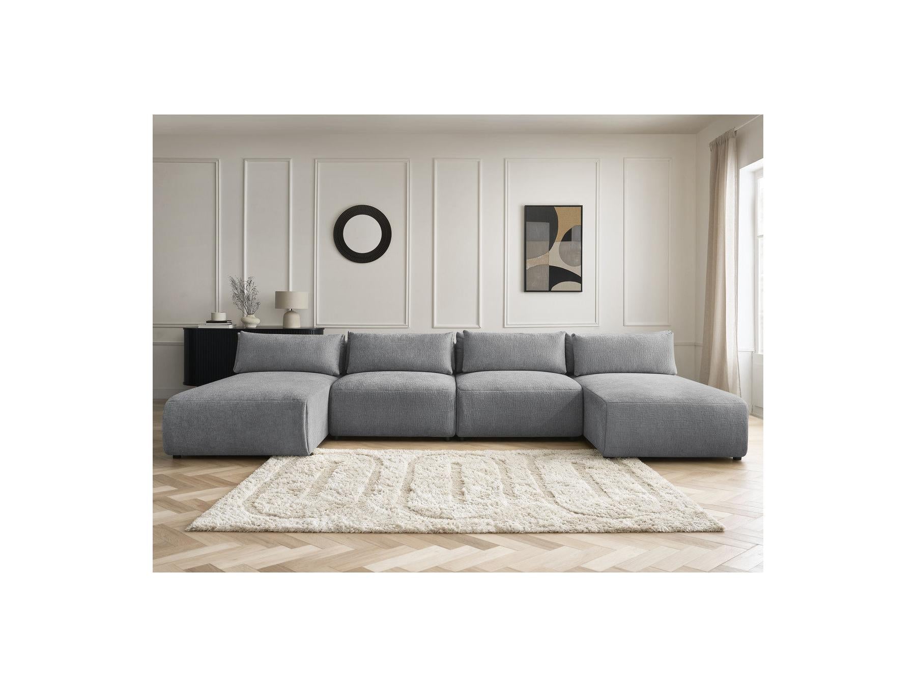 Jana - Fixed Modular Panoramic Sofa with Headrests - Textured Fabric with 2 Chaise Longues and 2 Armless Chairs