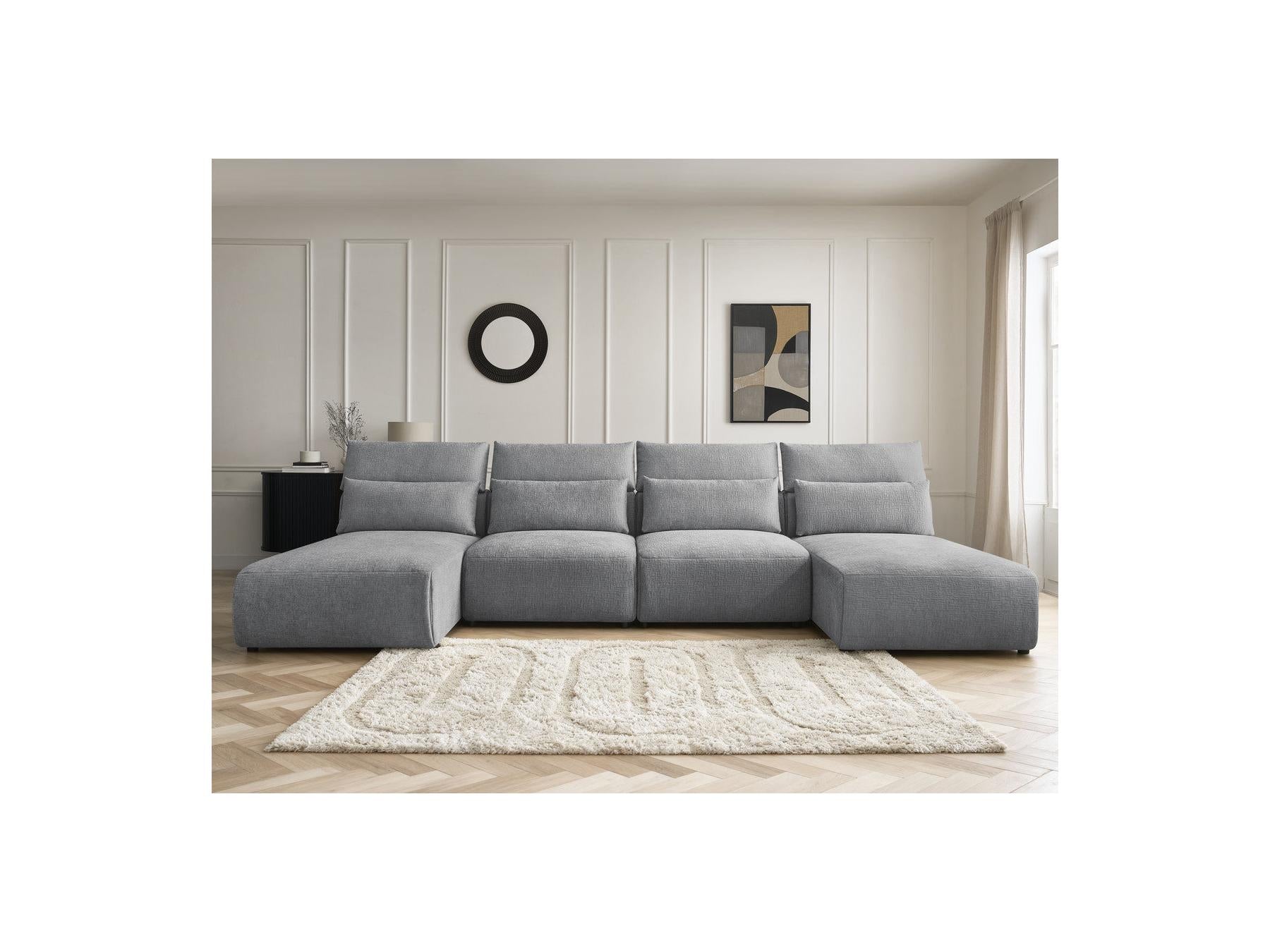 Jana - Fixed Modular Panoramic Sofa with Headrests - Textured Fabric with 2 Chaise Longues and 2 Armless Chairs