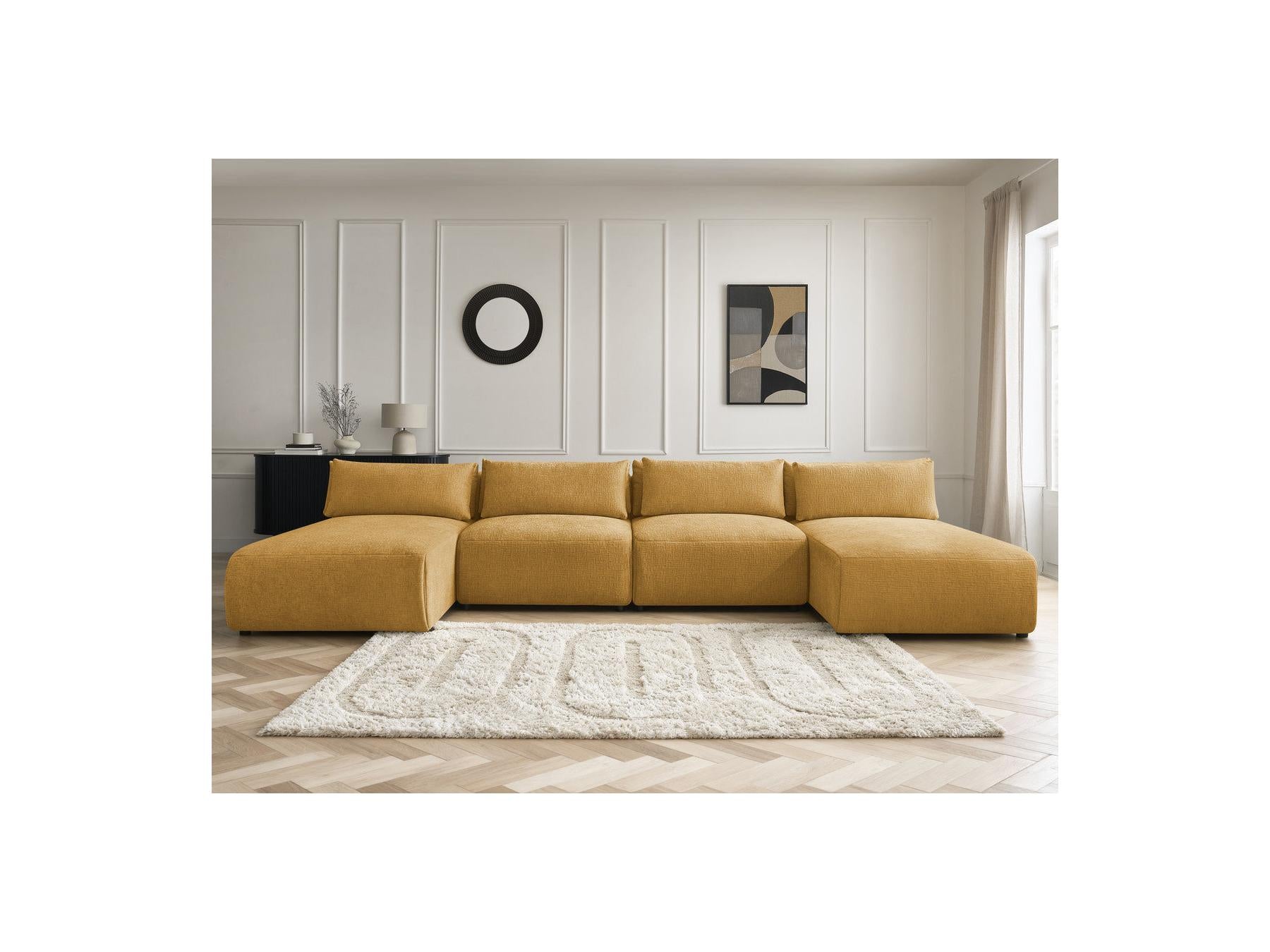 Jana - Fixed Modular Panoramic Sofa with Headrests - Textured Fabric with 2 Chaise Longues and 2 Armless Chairs
