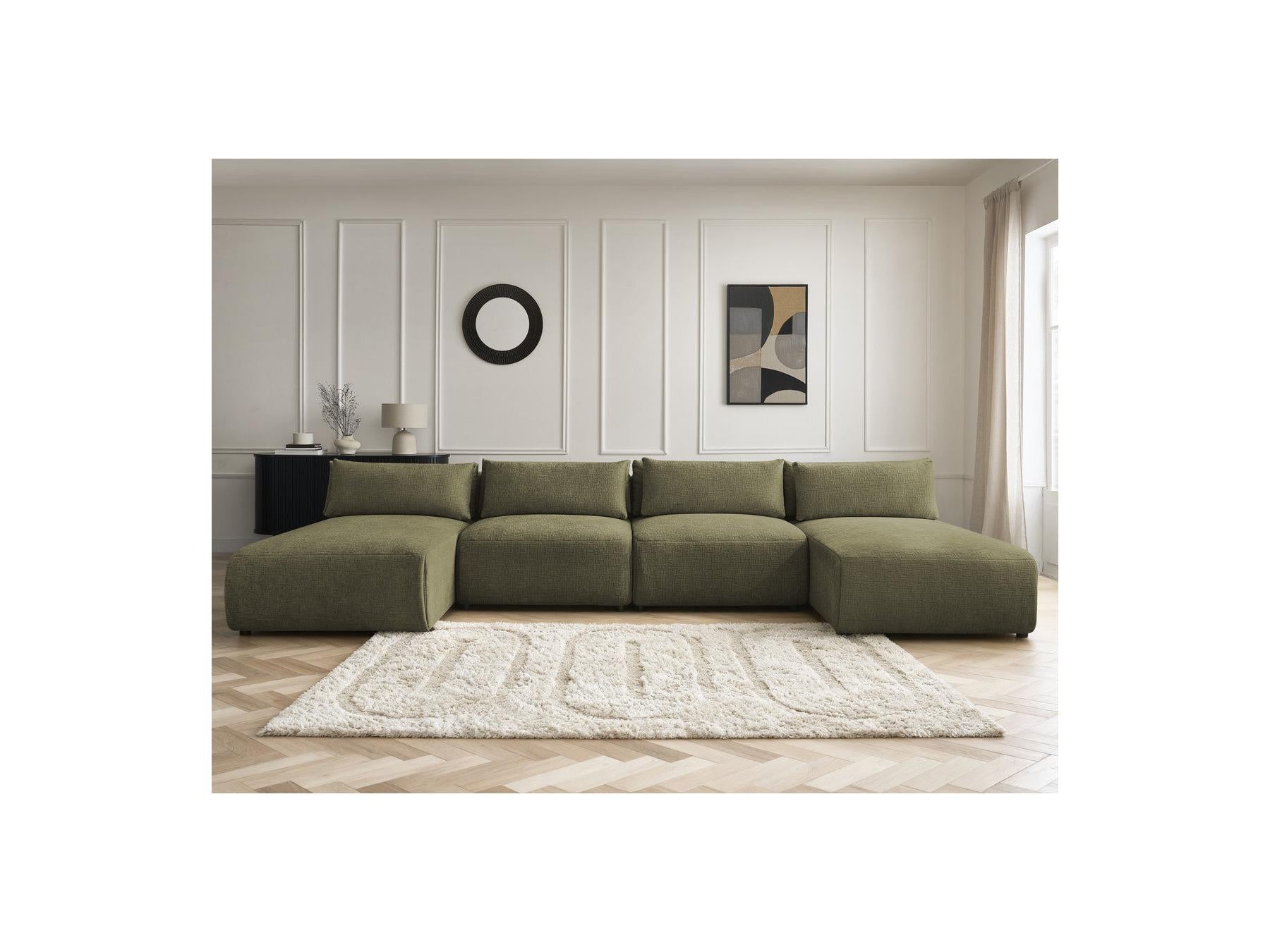 Jana - Fixed Modular Panoramic Sofa with Headrests - Textured Fabric with 2 Chaise Longues and 2 Armless Chairs