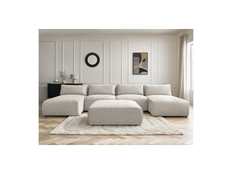 Jana - Canapé Panoramique Fixe Modulable Avec Têtières - Tissu Texturé Avec 2 Méridiennes, 2 Chauffeuses Et 1 Grand Pouf