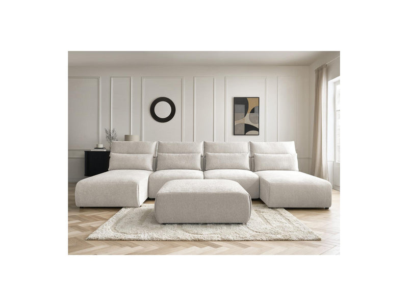 Jana - Canapé Panoramique Fixe Modulable Avec Têtières - Tissu Texturé Avec 2 Méridiennes, 2 Chauffeuses Et 1 Grand Pouf