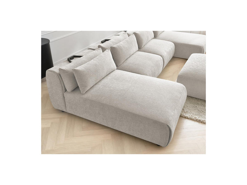 Jana - Canapé Panoramique Fixe Modulable Avec Têtières - Tissu Texturé Avec 2 Méridiennes, 2 Chauffeuses Et 1 Grand Pouf