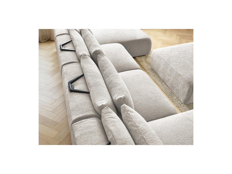 Jana - Canapé Panoramique Fixe Modulable Avec Têtières - Tissu Texturé Avec 2 Méridiennes, 2 Chauffeuses Et 1 Grand Pouf
