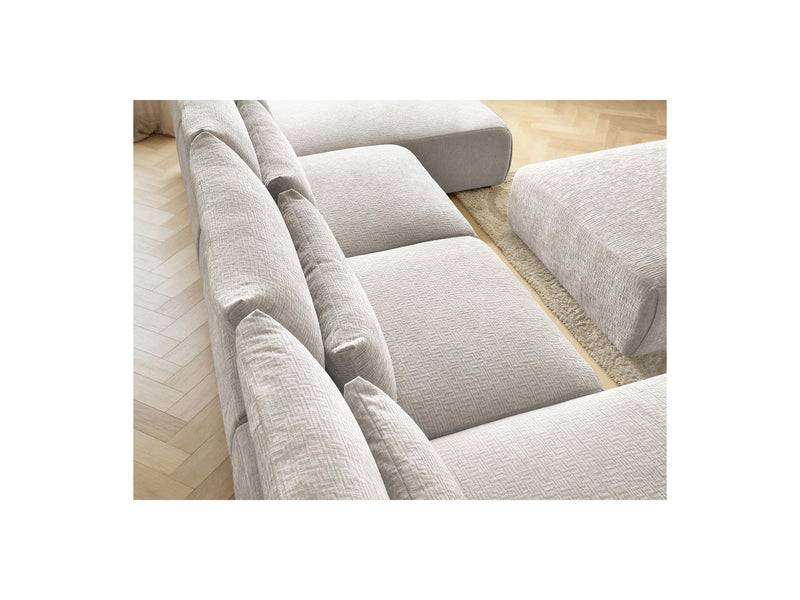 Jana - Canapé Panoramique Fixe Modulable Avec Têtières - Tissu Texturé Avec 2 Méridiennes, 2 Chauffeuses Et 1 Grand Pouf