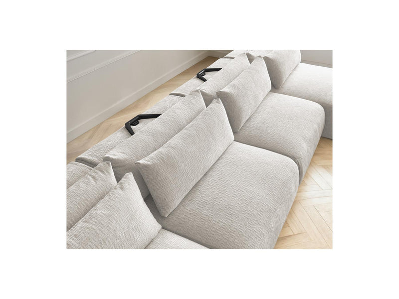 Jana - Canapé Panoramique Fixe Modulable Avec Têtières - Tissu Texturé Avec 2 Méridiennes, 2 Chauffeuses Et 1 Grand Pouf