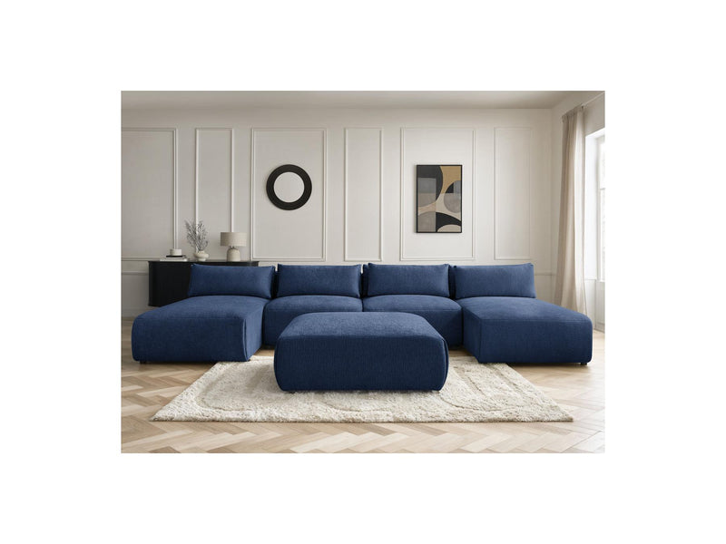 Jana - Canapé Panoramique Fixe Modulable Avec Têtières - Tissu Texturé Avec 2 Méridiennes, 2 Chauffeuses Et 1 Grand Pouf