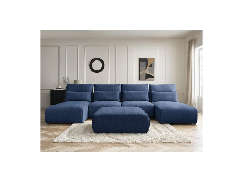 Jana - Canapé Panoramique Fixe Modulable Avec Têtières - Tissu Texturé Avec 2 Méridiennes, 2 Chauffeuses Et 1 Grand Pouf