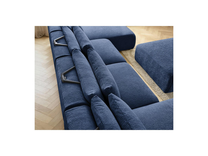 Jana - Canapé Panoramique Fixe Modulable Avec Têtières - Tissu Texturé Avec 2 Méridiennes, 2 Chauffeuses Et 1 Grand Pouf