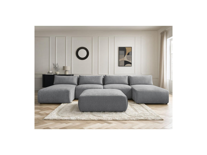Jana - Canapé Panoramique Fixe Modulable Avec Têtières - Tissu Texturé Avec 2 Méridiennes, 2 Chauffeuses Et 1 Grand Pouf