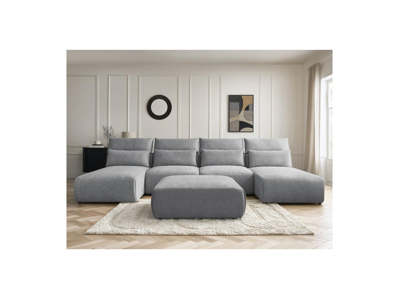Jana - Canapé Panoramique Fixe Modulable Avec Têtières - Tissu Texturé Avec 2 Méridiennes, 2 Chauffeuses Et 1 Grand Pouf