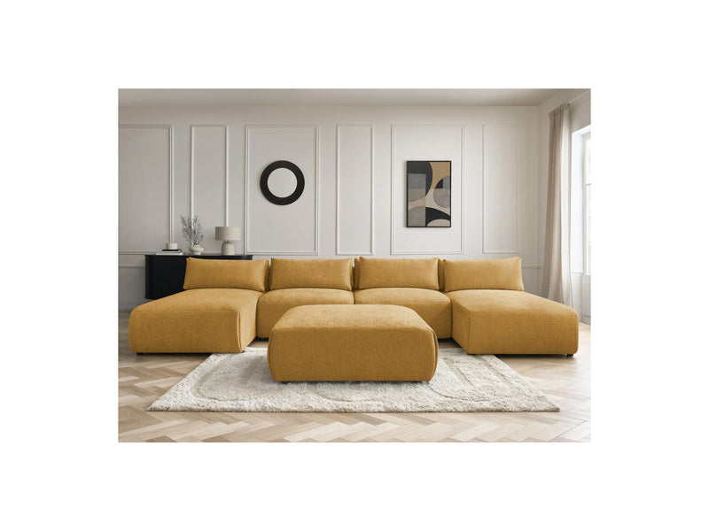 Jana - Canapé Panoramique Fixe Modulable Avec Têtières - Tissu Texturé Avec 2 Méridiennes, 2 Chauffeuses Et 1 Grand Pouf