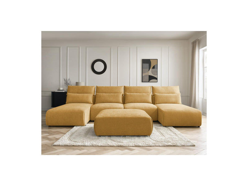 Jana - Canapé Panoramique Fixe Modulable Avec Têtières - Tissu Texturé Avec 2 Méridiennes, 2 Chauffeuses Et 1 Grand Pouf