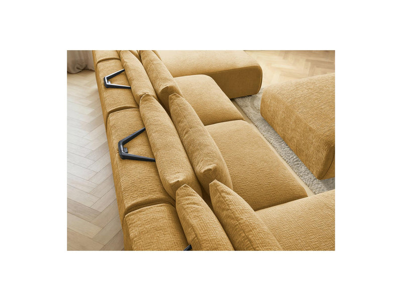 Jana - Canapé Panoramique Fixe Modulable Avec Têtières - Tissu Texturé Avec 2 Méridiennes, 2 Chauffeuses Et 1 Grand Pouf