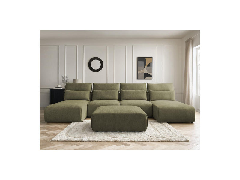 Jana - Canapé Panoramique Fixe Modulable Avec Têtières - Tissu Texturé Avec 2 Méridiennes, 2 Chauffeuses Et 1 Grand Pouf