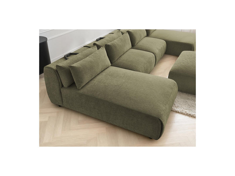 Jana - Canapé Panoramique Fixe Modulable Avec Têtières - Tissu Texturé Avec 2 Méridiennes, 2 Chauffeuses Et 1 Grand Pouf