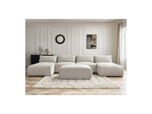Jana - Sofá Modular Fijo Panorámico Con Reposacabezas - Tela Texturizada Con 2 Chaise Lounges, 2 Sillones Bajos Y 1 Puf Pequeño
