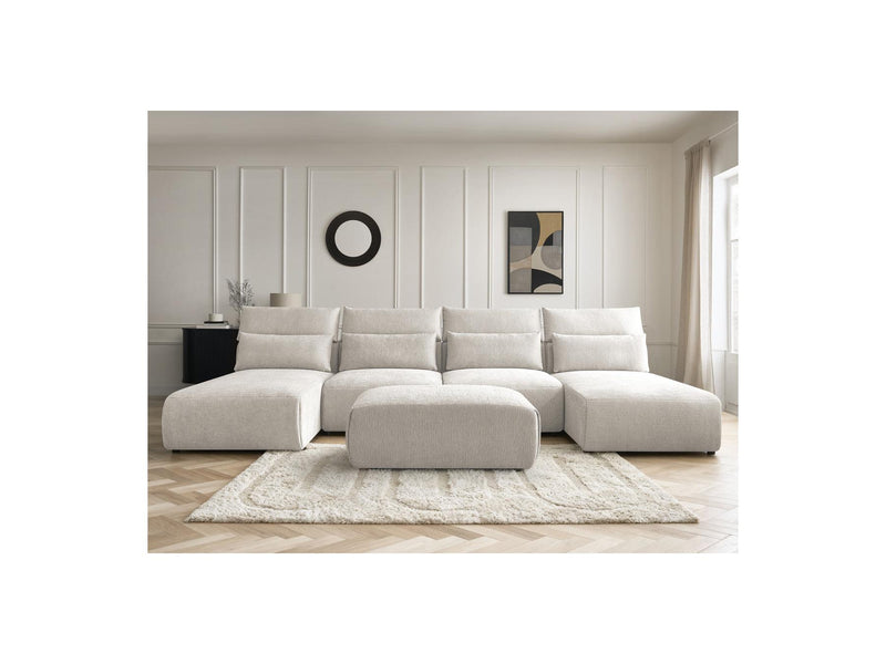 Jana - Sofá Modular Fijo Panorámico Con Reposacabezas - Tela Texturizada Con 2 Chaise Lounges, 2 Sillones Bajos Y 1 Puf Pequeño