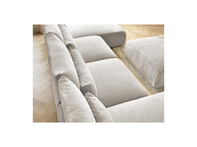 Jana - Sofá Modular Fijo Panorámico Con Reposacabezas - Tela Texturizada Con 2 Chaise Lounges, 2 Sillones Bajos Y 1 Puf Pequeño
