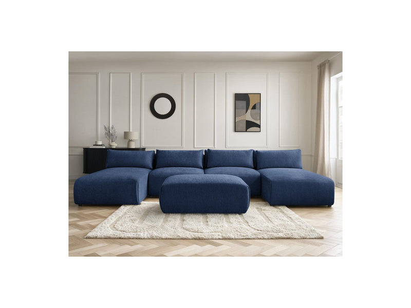 Jana - Sofá Modular Fijo Panorámico Con Reposacabezas - Tela Texturizada Con 2 Chaise Lounges, 2 Sillones Bajos Y 1 Puf Pequeño