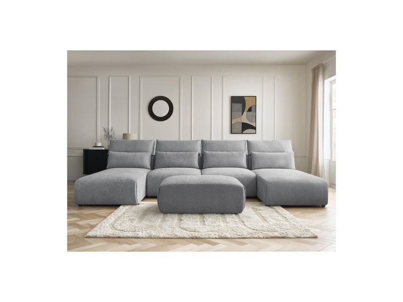 Jana - Sofá Modular Fijo Panorámico Con Reposacabezas - Tela Texturizada Con 2 Chaise Lounges, 2 Sillones Bajos Y 1 Puf Pequeño