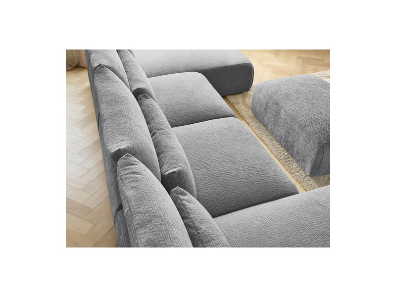 Jana - Sofá Modular Fijo Panorámico Con Reposacabezas - Tela Texturizada Con 2 Chaise Lounges, 2 Sillones Bajos Y 1 Puf Pequeño