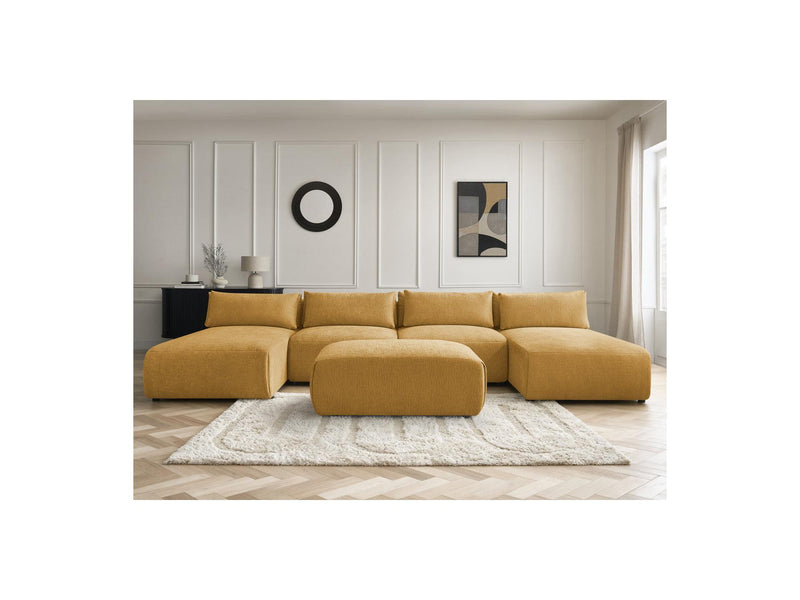 Jana - Sofá Modular Fijo Panorámico Con Reposacabezas - Tela Texturizada Con 2 Chaise Lounges, 2 Sillones Bajos Y 1 Puf Pequeño