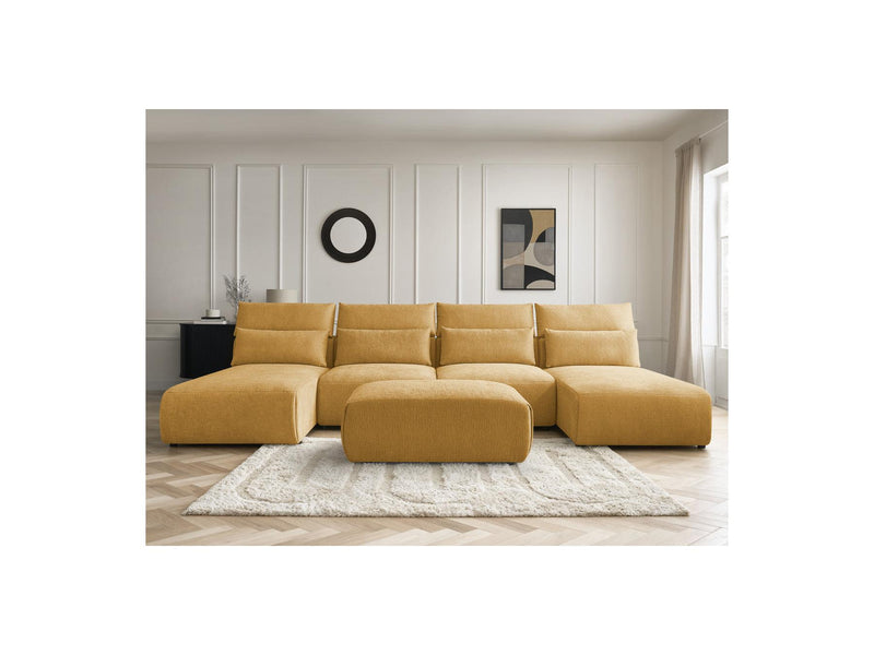 Jana - Sofá Modular Fijo Panorámico Con Reposacabezas - Tela Texturizada Con 2 Chaise Lounges, 2 Sillones Bajos Y 1 Puf Pequeño