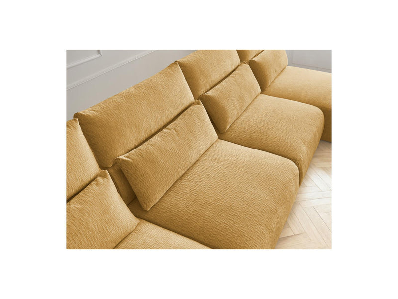 Jana - Sofá Modular Fijo Panorámico Con Reposacabezas - Tela Texturizada Con 2 Chaise Lounges, 2 Sillones Bajos Y 1 Puf Pequeño