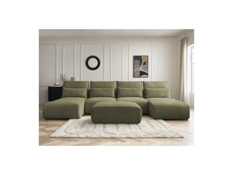 Jana - Sofá Modular Fijo Panorámico Con Reposacabezas - Tela Texturizada Con 2 Chaise Lounges, 2 Sillones Bajos Y 1 Puf Pequeño