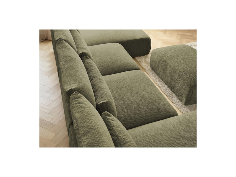 Jana - Sofá Modular Fijo Panorámico Con Reposacabezas - Tela Texturizada Con 2 Chaise Lounges, 2 Sillones Bajos Y 1 Puf Pequeño