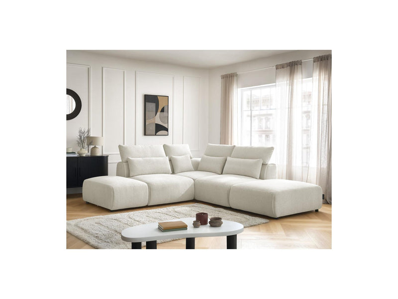 Jana - Modular Fixed Corner Sofa With Headrests - Heather Fabric With 2 Low Chairs, 1 Corner And 2 Poufs - Reversible