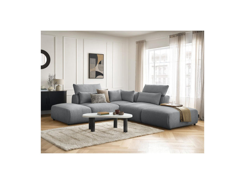 Jana - Modular Fixed Corner Sofa With Headrests - Heather Fabric With 2 Low Chairs, 1 Corner And 2 Poufs - Reversible