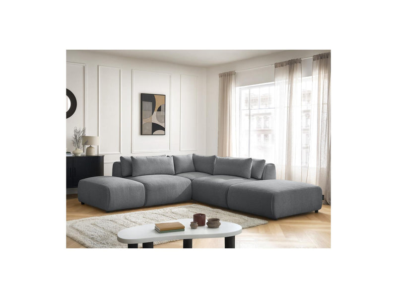 Jana - Modular Fixed Corner Sofa With Headrests - Heather Fabric With 2 Low Chairs, 1 Corner And 2 Poufs - Reversible